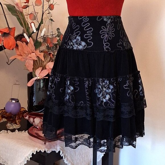 Preowned Navy Blue Ruffle Tiered A-line Flared Short Lined Skirt - Picture 3 of 9